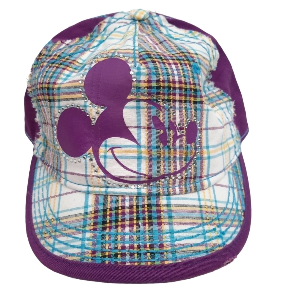 Disney Mickey Mouse Purple Plaid Rhinestone Embellished Baseball Hat Cap Women's